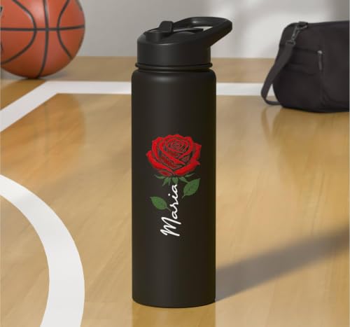 Maria Personalized Rose Name Elegant Floral Women Girls Stainless Steel Insulated Water Bottle - color: Black