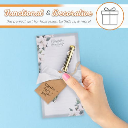 Christian Art Gifts Magnetic Notepad & Pen Set for Women, Strength &Dignity - color: White & Teal Floral/Strength & Dignity
