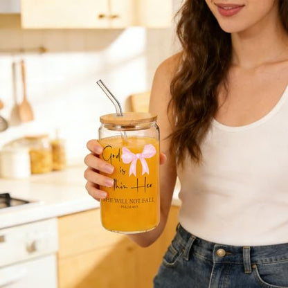 IWXYI Pink Coquette Bow Christian Glass Cup with Lids and Straws 14oz, God Is within Her She Will Not Fall Bible Verse Religious Iced Coffee Tea Drinking Glasses with Cleaning Brush - color: Pink bow