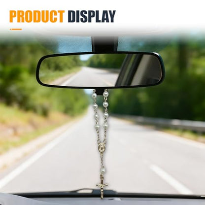 Cross Car Charm, Rosary Automotive Hanging Pendant, Blessing Vehicle Hanging Ornament, Personality Car Interior Decoration Accessories for Women, Men(Gold)