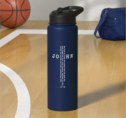 John 3:16 Bible Verse Christian Cross Front, Back Print Stainless Steel Insulated Water Bottle - color: Navy Blue