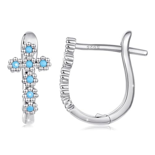 Silver Plated Hoop Earrings for Women Infinity Angel Feather Pearl Turquoise Cross Star Huggie Ear Buckles Hypoallergenic Posts Dainty Jewelry Gift - color: Silver Cross
