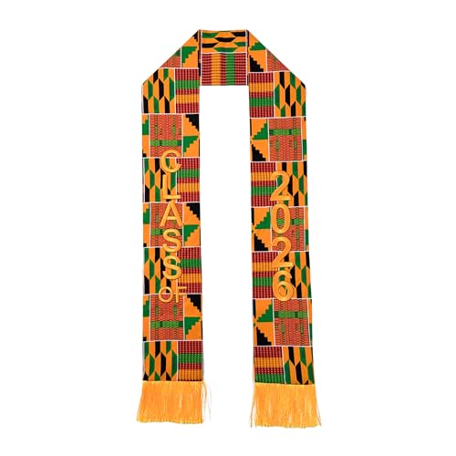 Kente Graduation Stole Class of 2026, 72 x 5.1 in African Print Sash with 3D Gold Embroidery and Gold Fringe - color: C1
