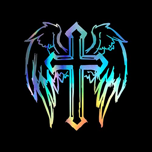 Cross with Wings Decal Vinyl Sticker Auto Car Truck Wall Laptop | Holographic | 5" x 5.5"
