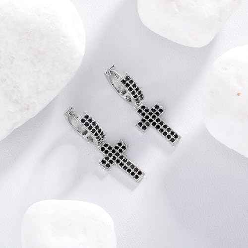 TOPGRILLZ Cross Hoop Dangle Earrings 925 Sterling Silver 5A+ Cubic Zirconia 14K Gold Hypoallergenic Cross Hoop Cuff Huggie Drop Earrings For Men Women - color: Cross 2 Silver Black