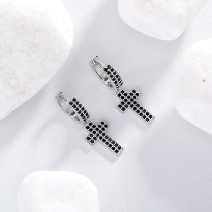 TOPGRILLZ Cross Hoop Dangle Earrings 925 Sterling Silver 5A+ Cubic Zirconia 14K Gold Hypoallergenic Cross Hoop Cuff Huggie Drop Earrings For Men Women - color: Cross 2 Silver Black