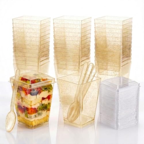 5 Oz Golden Glitter Dessert Cups with Lids and Spoons 90 Pcs Plastic Square Yogurt Parfait Appetier Cups for Party Disposable Small Dessert Shooter for Ice Cream, Fruit and Pudding - size: 30 Cups+30 Lids+30 Spoons
