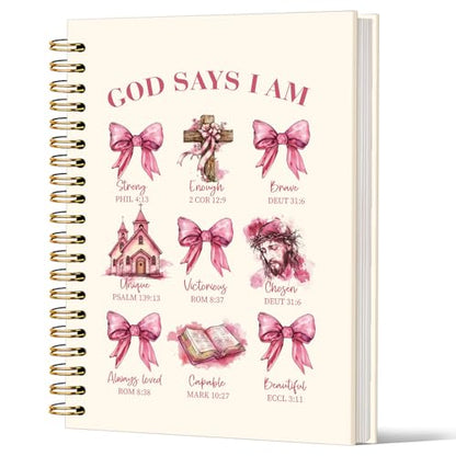 Lacama Christian Gifts for Women Bible Notebook Journal, Pink God Says I am Inspirational Spiral Notebook, Coquette Bow Notebook Journals, Bible Notebooks for Note Taking, School Office Supplies - color: God Says I Am-2