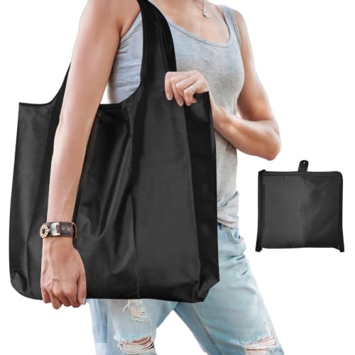 Large 50lbs Heavy Duty Reusable Foldable Grocery and Shopping Tote Bags - Washable Polyester Bags in Pocket - color: Black