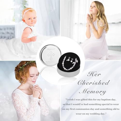 Tryuunion Baptism Bracelet in 925 Sterling Silver and Cultured Pearls for Baby Girls, Comes with a Unique Silver-plated Jewelry Keepsake Box, Christening and Baptism Gifts For Girl, Includes 3 Charms - style: Complete Set