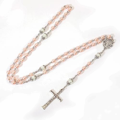 Nazareth Store Pearl Beads Rosary White Our Father Beaded Necklace Lourdes Medal & Cross Crucifix Spiritual Devotion - color: Pink