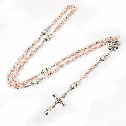 Nazareth Store Pearl Beads Rosary White Our Father Beaded Necklace Lourdes Medal & Cross Crucifix Spiritual Devotion - color: Pink