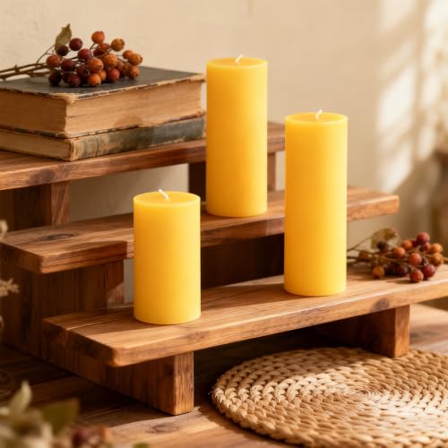 Beeswax Pillar Candles Set of 3, 2 x 3/6/8 Inch, Light Natural Honey Aroma, Smokeless Long Burning for Home Decor, Wedding, Church, Meditation & Emergency Use