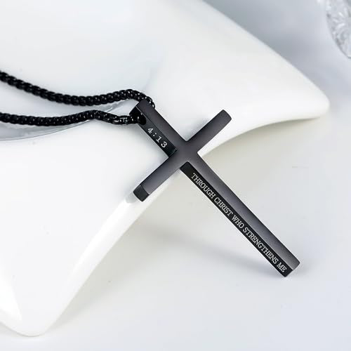 Cross Necklace for Men Christmas Gift Cross Pendant Strength Bible Verse Stainless Steel Necklaces - style: Black cross