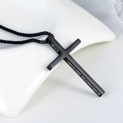 Cross Necklace for Men Christmas Gift Cross Pendant Strength Bible Verse Stainless Steel Necklaces - style: Black cross