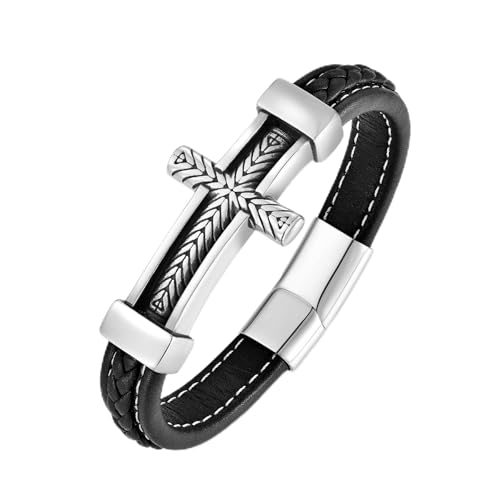 Leather Cross Bracelet Braided Faith Bangle for Men, 8.3 &9.1 Inch - color: 06.black leather; Style: wheat cross, size: 9.1in(Fits larger wrists)