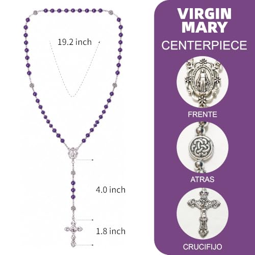 8mm Glass Pearl Rosary - Catholic Necklace for Men and Women Comes in a Metal Gift Box, First Communion Rosary Necklace as Gifts - color: Purple