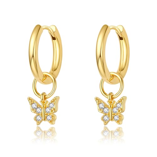 DAILY VIBES Cute Butterfly Star Cross Heart CZ Dangle Earrings for Women - color: Gold Butterfly CZ