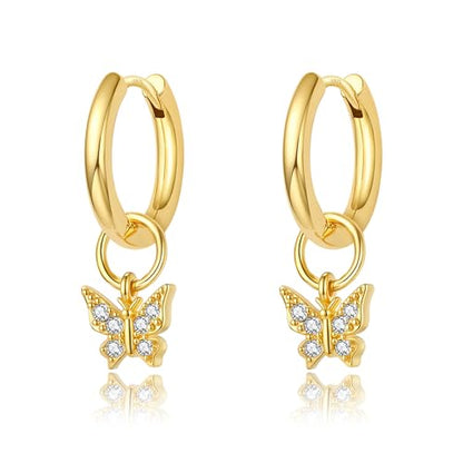 DAILY VIBES Cute Butterfly Star Cross Heart CZ Dangle Earrings for Women - color: Gold Butterfly CZ