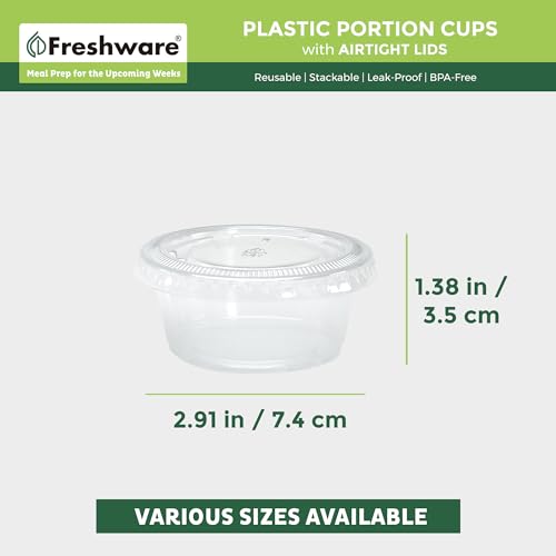 Freshware Plastic Portion Cups with Lids [3.25 Ounce, 100 Sets] Disposable Plastic Cups for Meal Prep, Salad Dressing, Jellos Shot Cups, Souffle Cups, Condiment and Dipping Sauce Cups - size: 3.25 oz - 100 sets