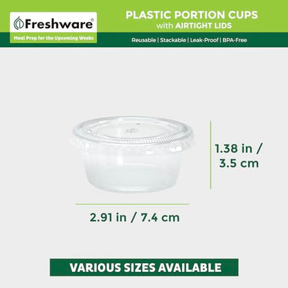 Freshware Plastic Portion Cups with Lids [3.25 Ounce, 100 Sets] Disposable Plastic Cups for Meal Prep, Salad Dressing, Jellos Shot Cups, Souffle Cups, Condiment and Dipping Sauce Cups - size: 3.25 oz - 100 sets