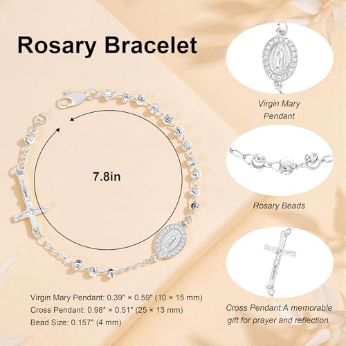 Rosary Cross Bracelet for Women, Virgin Mary Gold Silver Rose Gold 4mm Rosary Beads Catholic Bracelet - color: Silver