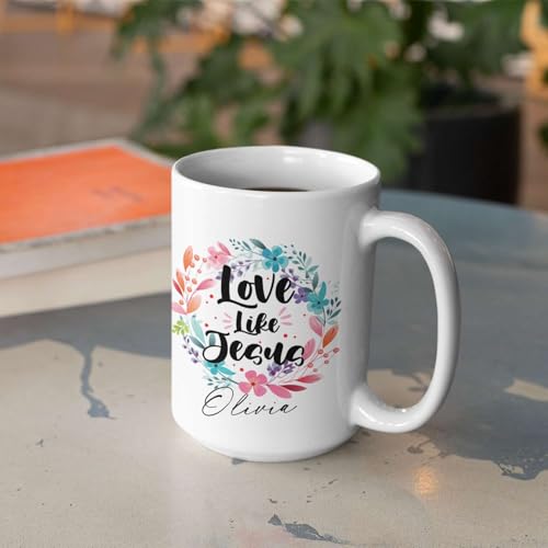 Christian Cup With Custom Name, Novelty Love Like Jesus Coffee Mug, Customized Floral Wreath Design Cup, Personalized Christian Inspirational Mug, Jesus Ceramic Cup 11oz Or 15oz - color: TRI-1223-1150-LOVE LIKE JESUS MUG