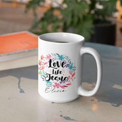 Christian Cup With Custom Name, Novelty Love Like Jesus Coffee Mug, Customized Floral Wreath Design Cup, Personalized Christian Inspirational Mug, Jesus Ceramic Cup 11oz Or 15oz - color: TRI-1223-1150-LOVE LIKE JESUS MUG