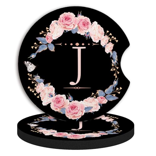 2pcs Letter J Car Coasters,Absorbent Universal neoprener Cup Holder Coasters with a Finger Notch,Car Accessories for Women&Man Interior，2.75" - color: J
