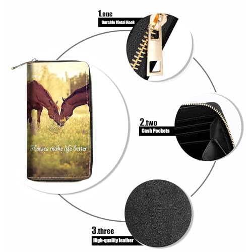 Women's Horses Make Life Better Print PU Leather Zipper Wallet, Large Capacity, Compact, Black - color: Horses Make Life Better