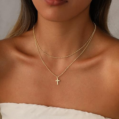 Rotnso Cross Necklace for Women 14K Gold Plated Dainty Small Pendant Choker - style: 2 Layered Bead+Vintage Cross-GD