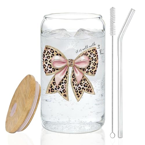 IWXYI Coquette Pink Leopard Bow Christian Glass Cup with Lids and Straws 14oz, It Is Well with My Soul Bible Verse Religious Iced Coffee Tea Drinking Glasses with Cleaning Brush - color: Leopard Bow