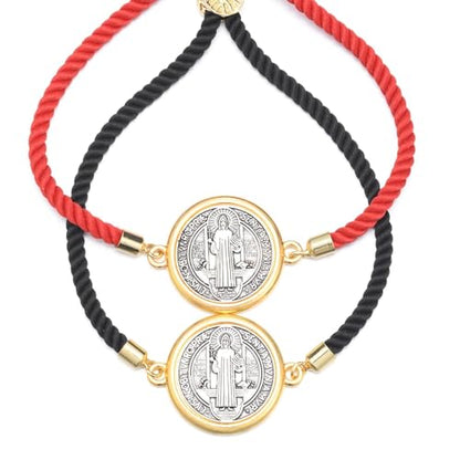 Catholic Bracelets St. Benedict Bracelet Red Rope Double Hole Pendant Couple Woven Bracelets Adjustable Black Bracelet - color: black