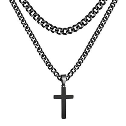 Zocomi Cross Necklace for Men Boys, Stainless Steel Layered Cuban Link Herringbone Chain Cross Pendant Christian Fashion Jewelry Gifts 16-24 Inches - color: Black, size: 20inch/22inch, style: Cuban+Cuban