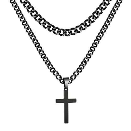 Zocomi Cross Necklace for Men Boys, Stainless Steel Layered Cuban Link Herringbone Chain Cross Pendant Christian Fashion Jewelry Gifts 16-24 Inches - color: Black, size: 18inch/20inch, style: Cuban+Cuban