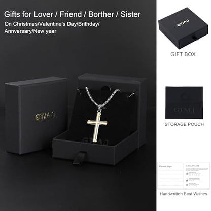 Stainless Steel Cross Necklace for Men with Adjustable Box Chain Christian Cross neckalce Gift - color: Silver-Gold