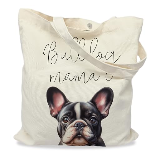 Dog Mom Canvas Tote Bag for Women, Reusable Cotton Shoulder Bag, Dog Lover Gift, Mother’s Day Pet Mom Shopping Tote - color: Bulldog