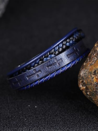 Mens Leather Cross Bracelet Multilayer Braided Wristband Bangle Bracelets with Stainless Steel Buckle Religious Gift for Men Brown/Black/Blue–8.3 inch - color: Blue-1, size: 8.3in(Fits most wrists)