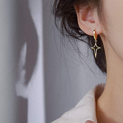Minimalist Cross Star Dangle Drop Small Hoop Earrings for Women Girls 925 Sterling Silver Charms Huggie Hoops Constellation Tiny Star Cartilage Earring Pierced Ear Crucifix Jewelry - style: Golden