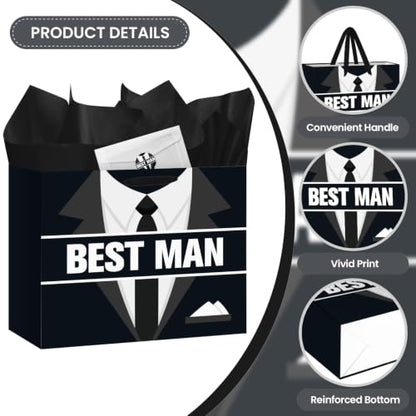 Best Man Gift Bag Set for Men, Groomsmen Gift Proposal Bag with Tissue Paper Card Envelope Sticker for Wedding Groomsman Proposal, Bachelor Party, Groom Squad Invitation, Rehearsal Dinner Thank You Gifts