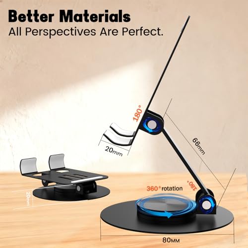 Metal Cell Phone Stand for Desk, Multi-Angel Adjustable 360° Rotation Desktop Phone Holder and Foldable Mobile Phone Stand, Compatible with All Smartphones, Black - color: Black