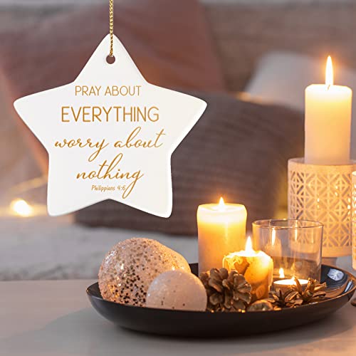 6 Pieces Christian Christmas Tree Ornaments Star Shaped Ceramic Ornament Flat Religious Bible Verse Inspirational Quotes Merry Christmas Keepsake Ornament Xmas Hanging Disc Ornaments for Appreciation