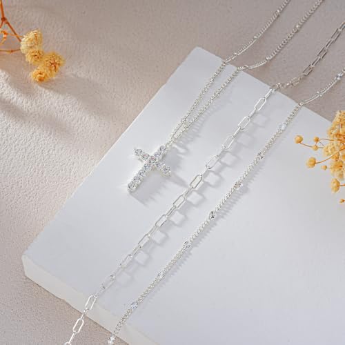 3PCS Gold Silver Layered Necklaces for Women Trendy - color: Silver&Cross