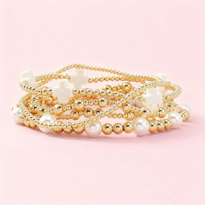 Gold Beaded Bracelets Stack for Women Stackable 14K Gold Plated Beads Ball Cross Bracelet Boho Christian Jewelry Faith Friendship Birthday Gifts for Women - color: Pearl