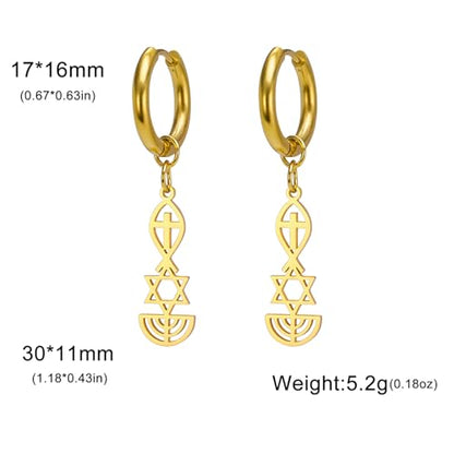 Messianic Seal Dangle Earrings Messianic Seal of Jerusalem Earrings Star of David,Ichthus with Cross,Menorah,Jewish Star Earrings Religious Hanukkah Jewelry Token of Prayer - color: gold2