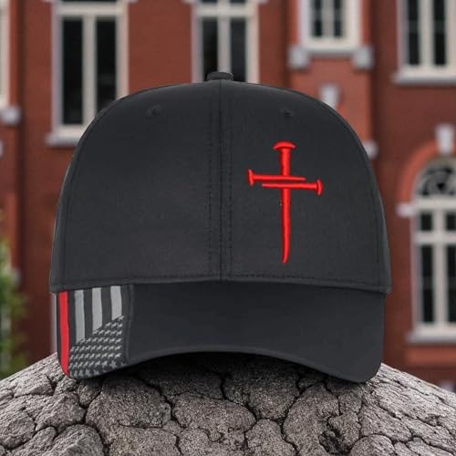 Christian Cross Baseball Cap, Religious Sacred Nails Design,Red Line Firefighter Flag with RED Cross Jesus Adjustable Hat with Free 4" Cross Window Decal