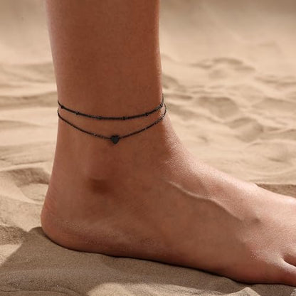 Ankle Bracelets for Women Waterproof Non Tarnish Anklet - style: 2 Layered Bead&Heart-BLK