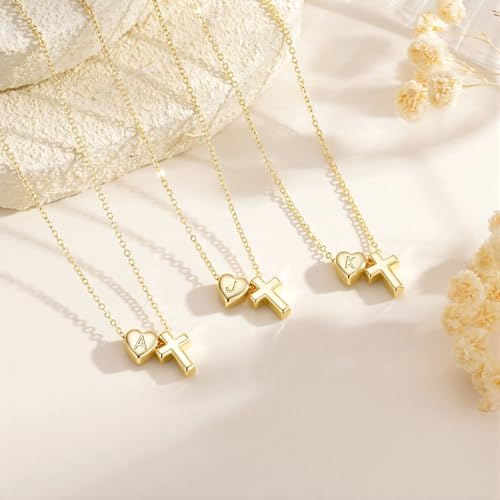 Turandoss Cross Initial Necklaces, Birthday Baptism Jewelry Gifts for Girls - color: M