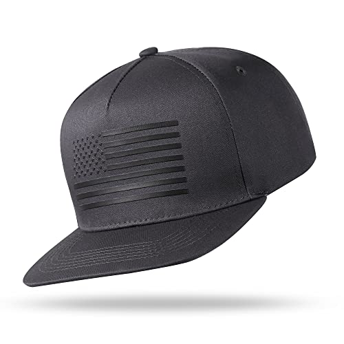 UALON Baseball Cap, Snapback Trucker Hat for Men & Women with American Flag and Adjustable, Breathable Mesh, Flat Bill Hats - color: Dark Gray