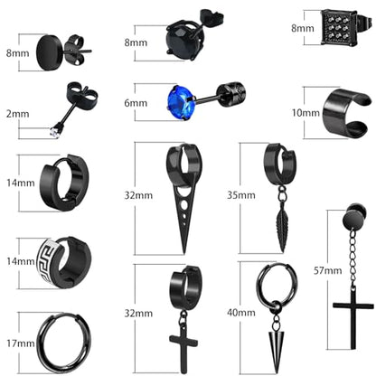 14 Pairs Earrings for Men and Women - Black Stud, Hoop, Cross, and Dangling Earrings Set - Stainless Steel Ear Cuffs Piercing Jewelry - color: Black